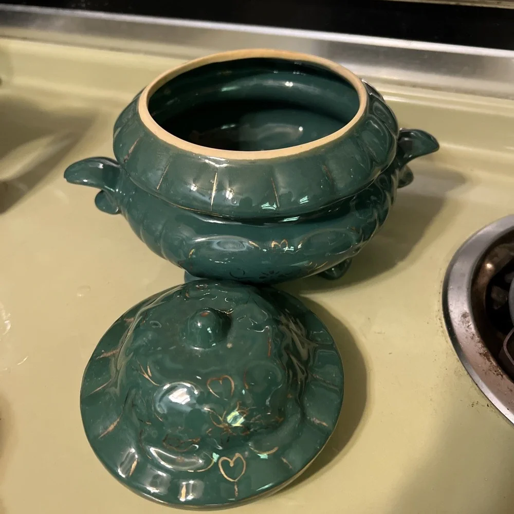 Vintage GCI Green Glazed Footed Candy Jar With Handles Hand Painted Gold Trim